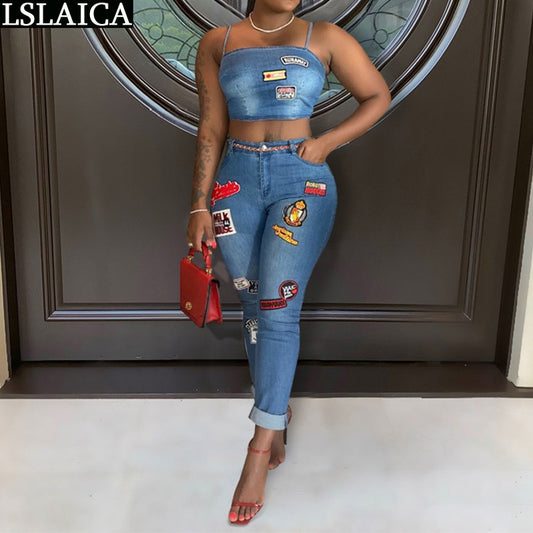 Denim Sexy Two Piece Set Women Summer Print Spaghetti Straps Crop Top Jeans High Waist Pencil Pants