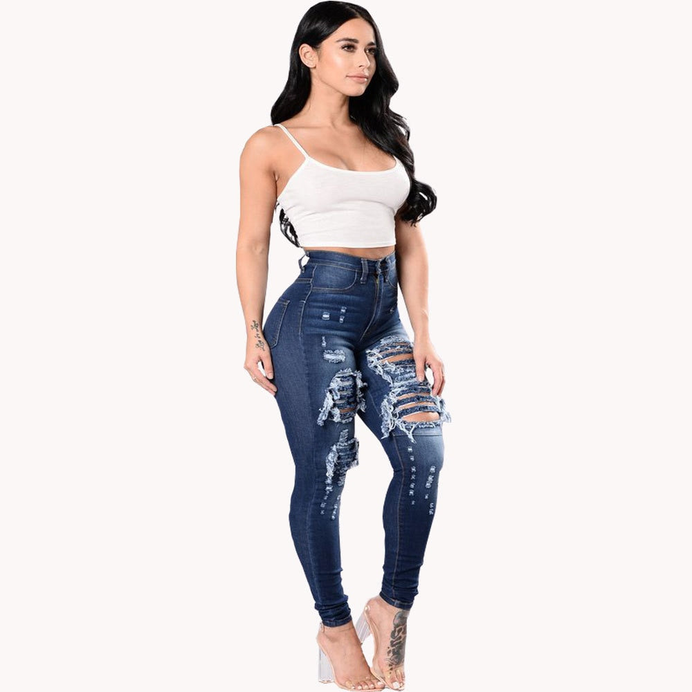 Women's High Waist Ripped Jeans Fashion Elastic Slim Hip Lift Denim Pencil Pants Casual Female Trousers S-3XL