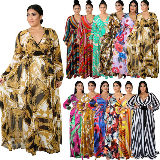 Print Floor Length V-neck Maxi Dress for Women Long Sleeve Maxi Dresses