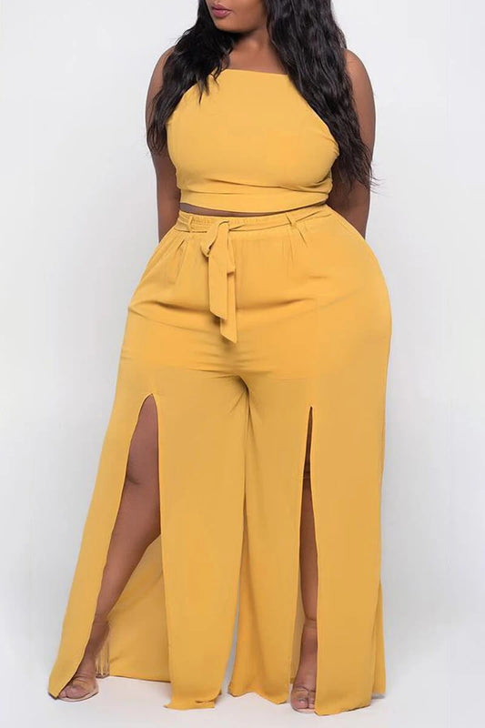 Plus Size Women Sets Solid Sleeveless Shirts And Split Pants