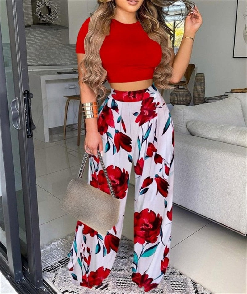 Summer Two Piece Set Women Outfits High Waist Women Wide-leg Pants Casual