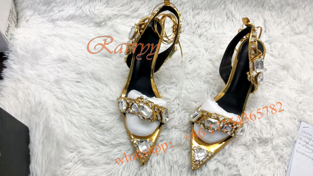 Metallic Crystal Ankle-Tie Sandals Women Lace up Rhinestones Luxury Design High Heels 2022 Spring New Runway Sandals Shoes