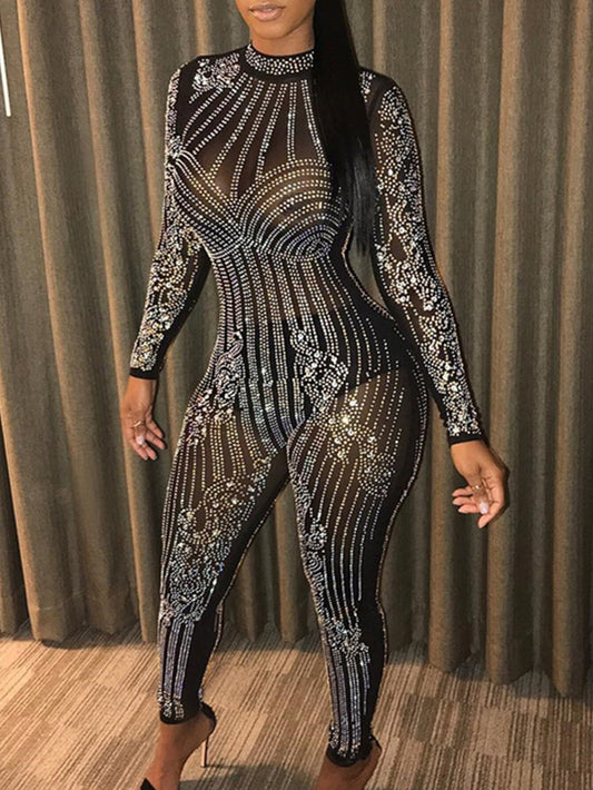 Sexy see through Black mesh Rhinestone jumpsuit women