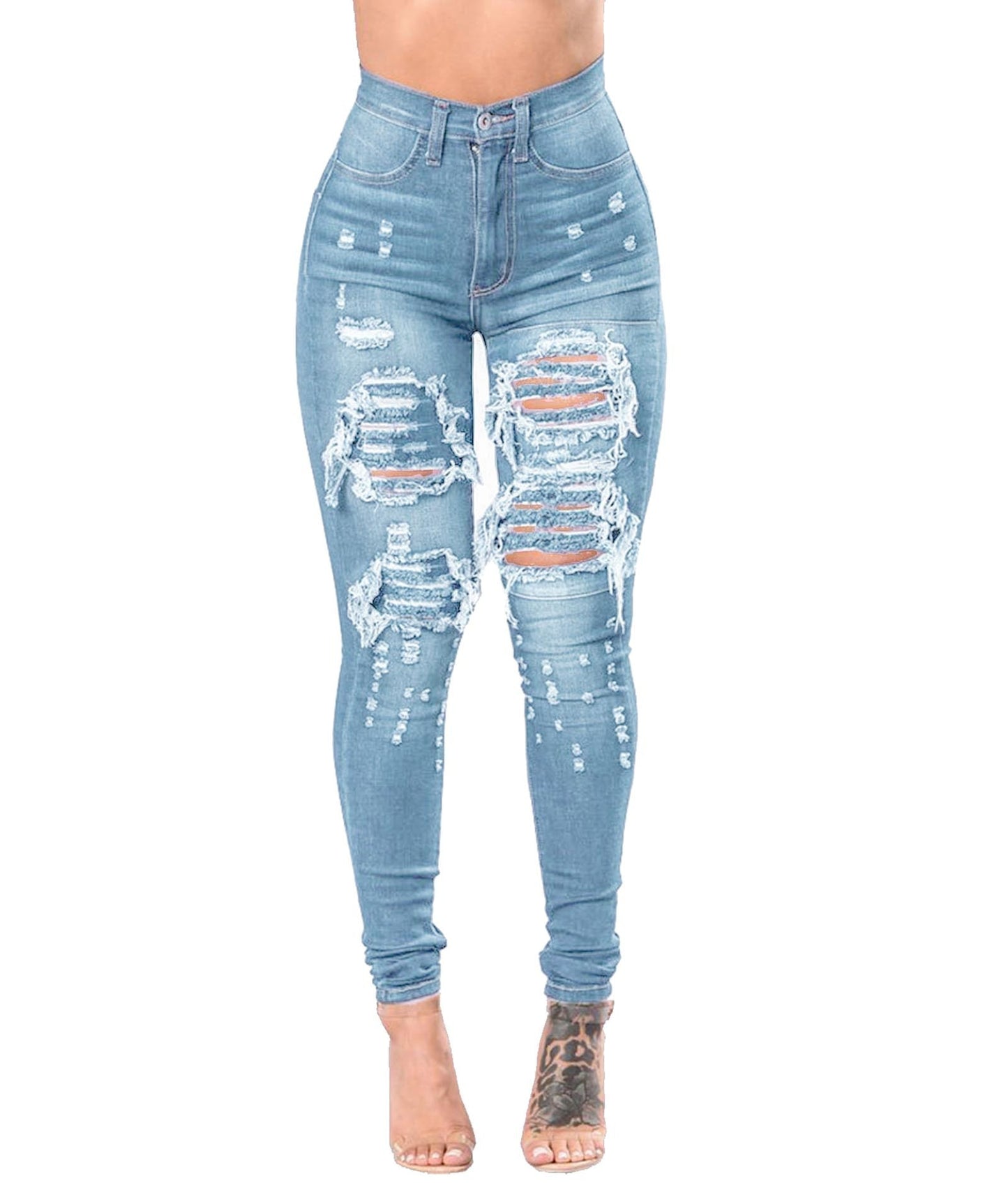 Women's High Waist Ripped Jeans Fashion Elastic Slim Hip Lift Denim Pencil Pants Casual Female Trousers S-3XL