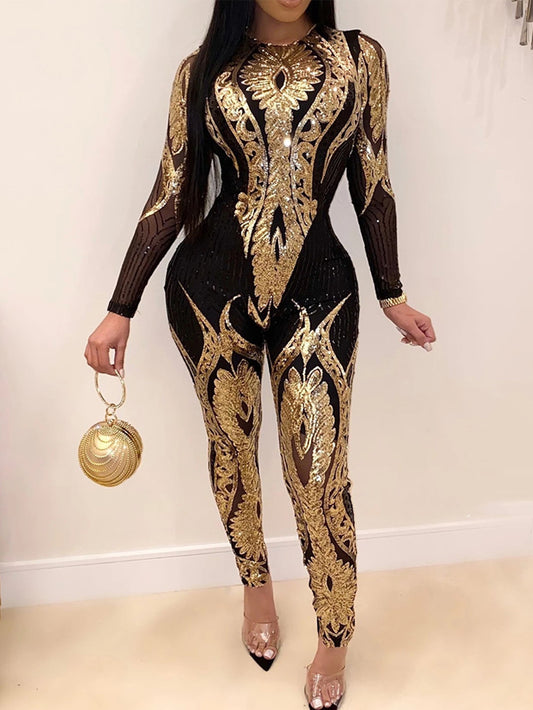 Sexy Long sleeve Sequin bodycon jumpsuit women body bodysuit one piece