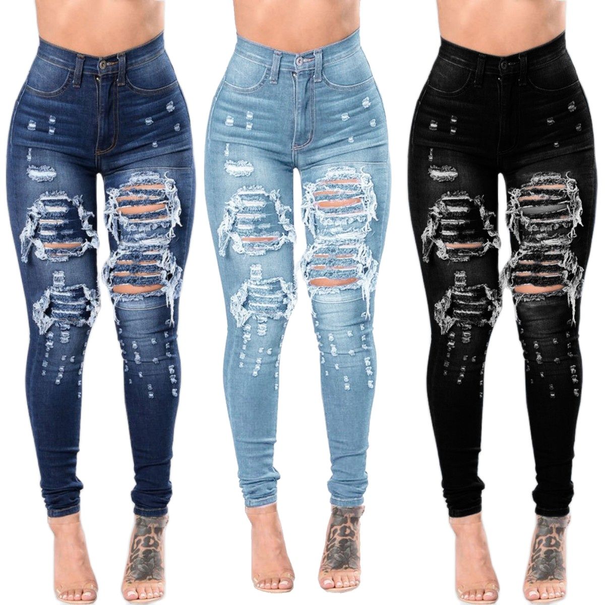 Women's High Waist Ripped Jeans Fashion Elastic Slim Hip Lift Denim Pencil Pants Casual Female Trousers S-3XL