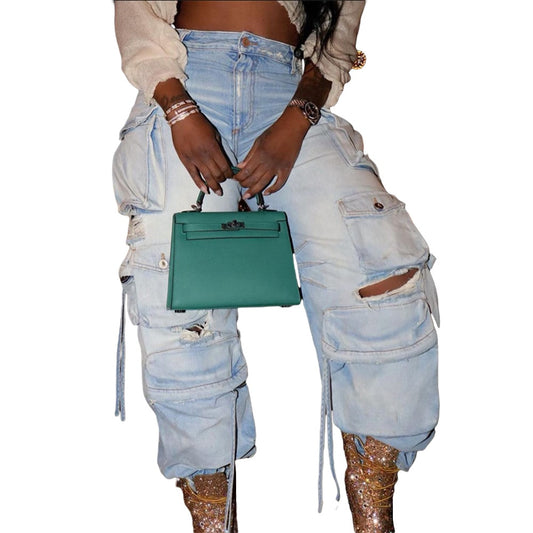 Sexy Distressed Long Cargo Jeans with Pockets