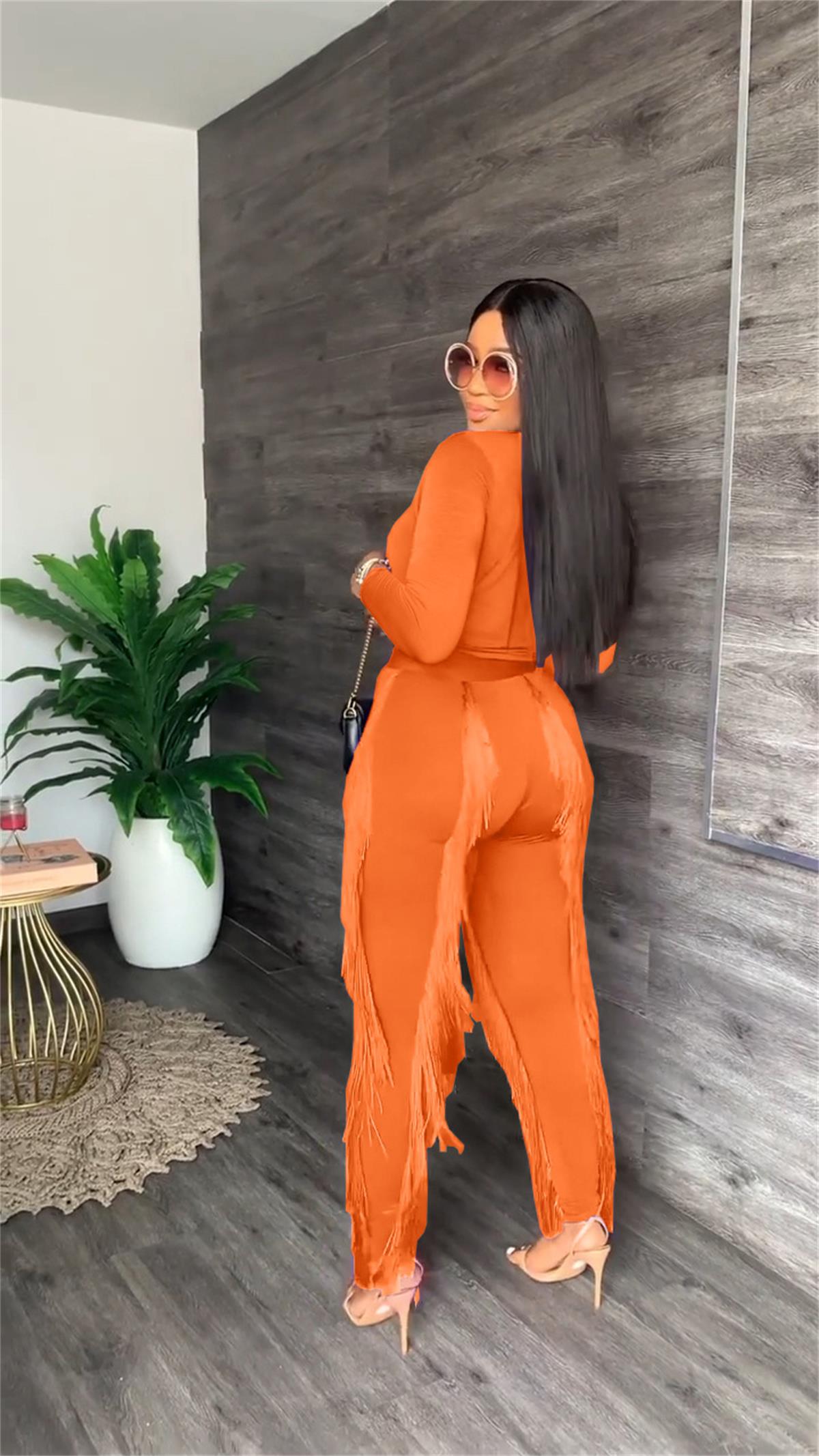 MUDAN Street Knit Ribbed Women Set Long Sleeve T-shirt and Tassel Pants Suit Elegant Tracksuit Two Piece Set Fitness Outfit