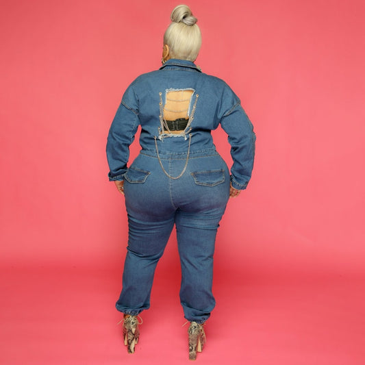 Plus Size Women Jean Jumpsuit Backless Chain