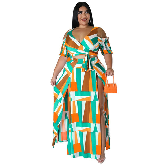 Plus Size Set Print Short Sleeve V-neck Crop Tops + Long Fork Skirts