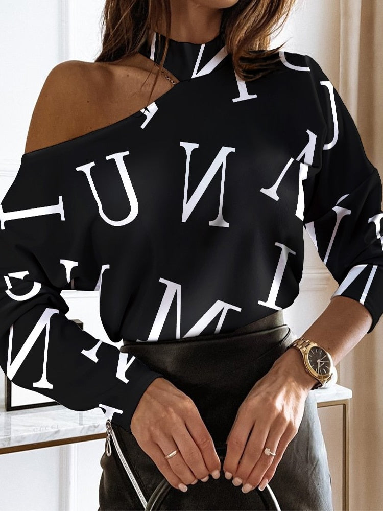 Fashion Woman TOP 2022 Y2k Clothes Geometric Print Long Sleeves Cold Shoulder Top My orders Casual Ropa Mujer T Shirt Femme
