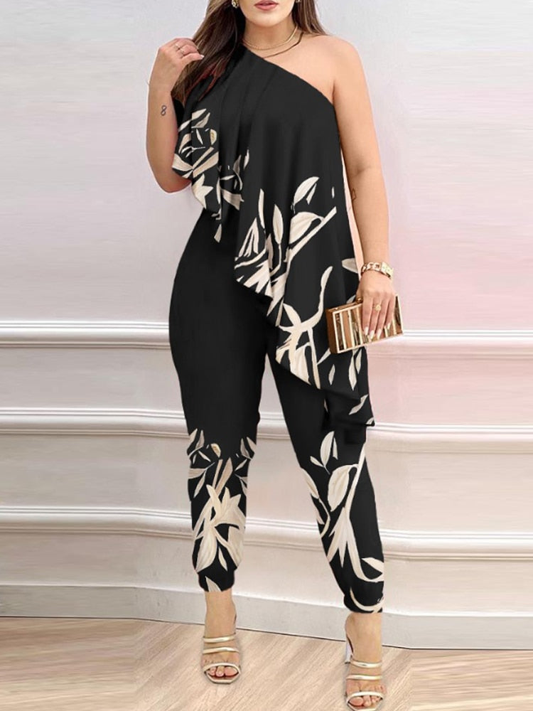 Women Print One Shoulder Asymmetrical Ruffles Party Jumpsuit