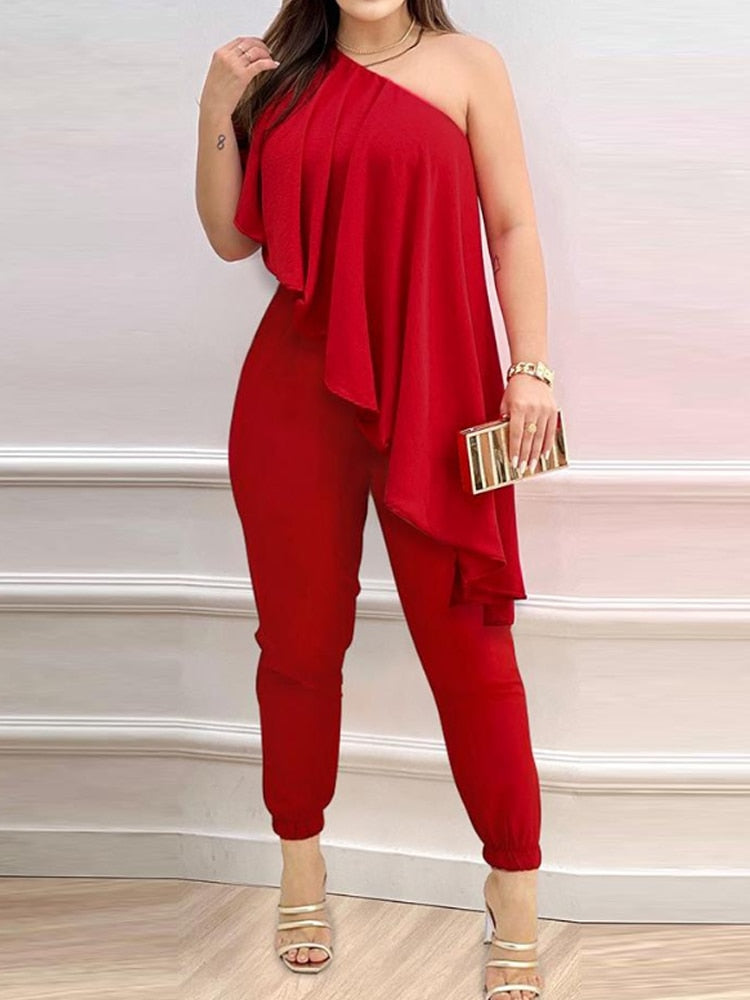 Women Print One Shoulder Asymmetrical Ruffles Party Jumpsuit