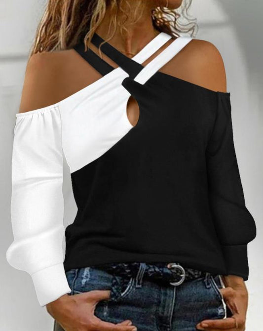 Colorblock Crisscross Cold Shoulder Long Sleeve Top