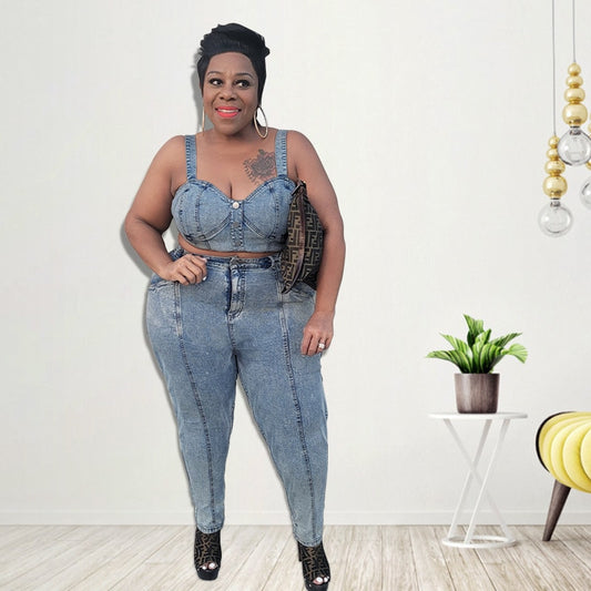 Plus Size Women Jean Sets Sleeveless Denim Crop Tops and Pants