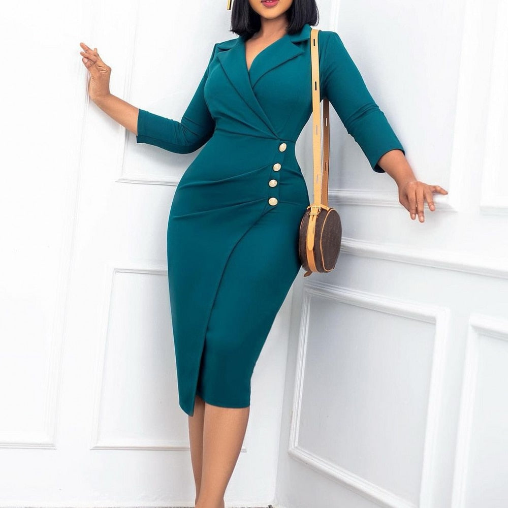 Women Three Quarter Sleeve Sexy V-Neck Slim Midi Dress