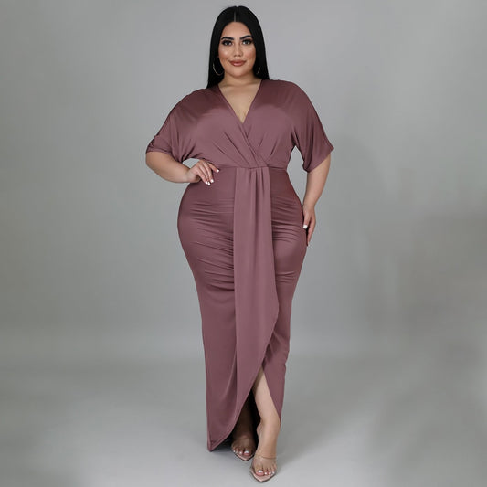 Plus Size Women Elegant Dresses Solid V Neck Ruffle