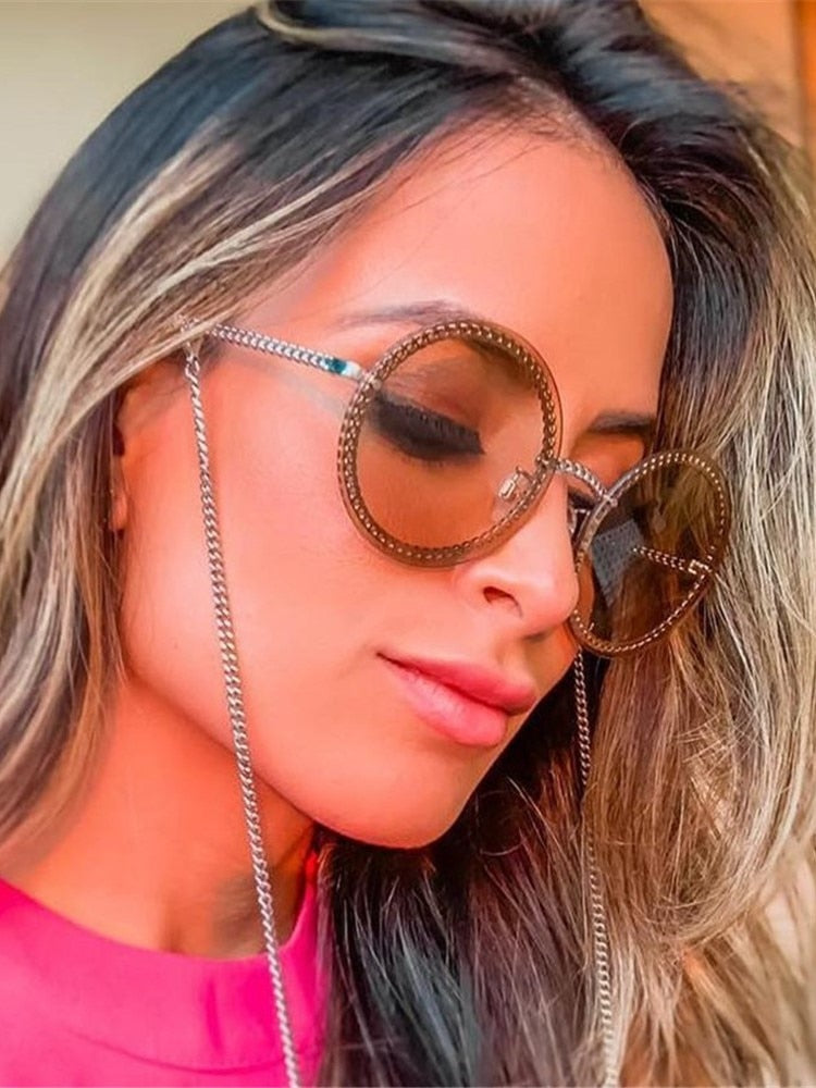 Big Round Sunglasses Metal Frame Vintage Ladies Luxury Clear Sun