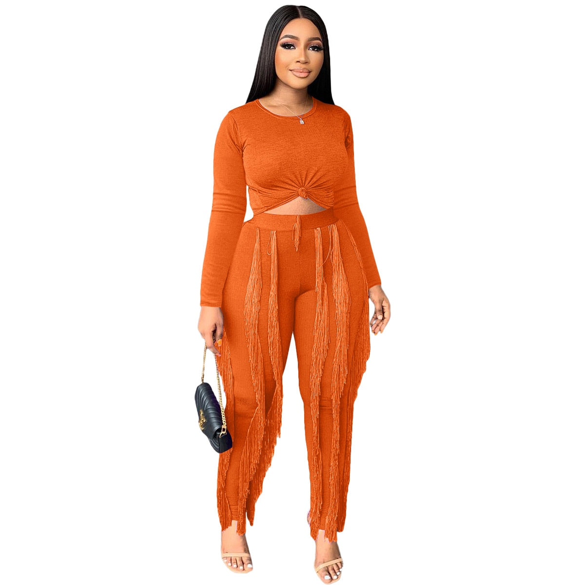 MUDAN Street Knit Ribbed Women Set Long Sleeve T-shirt and Tassel Pants Suit Elegant Tracksuit Two Piece Set Fitness Outfit