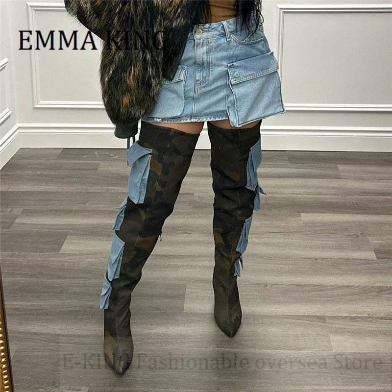 Camouflage Over The Knee High Boots Female Pocket Square Heels Tall Boots