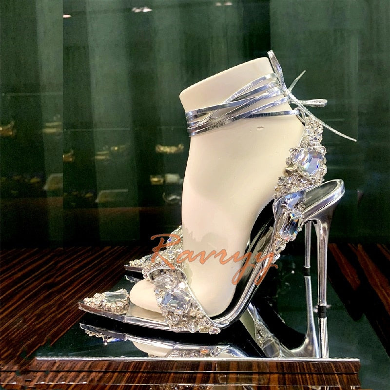 Metallic Crystal Ankle-Tie Sandals Women Lace up Rhinestones Luxury Design High Heels 2022 Spring New Runway Sandals Shoes