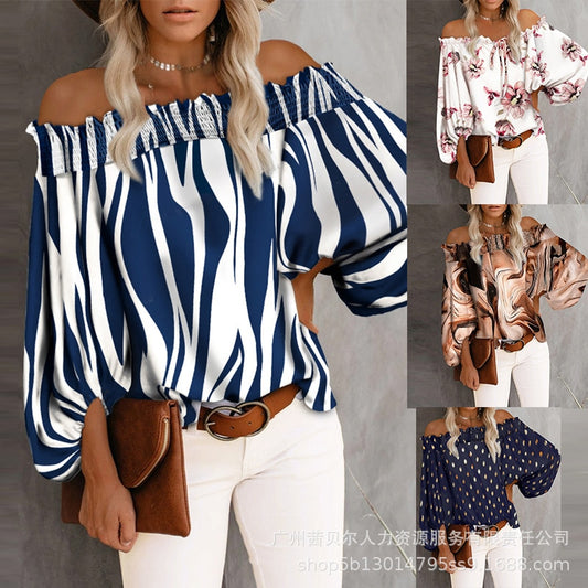 Off Shoulder Stripe Print Long Sleeve Top Slash Neck Blouse Fashion Loose Summer Casual Tops Sexy Strapless