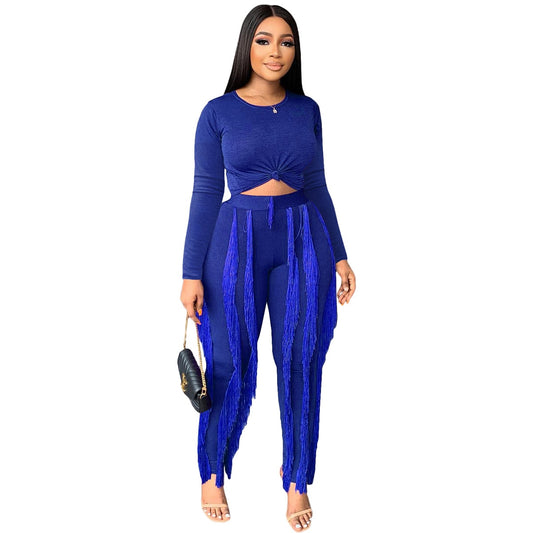 MUDAN Street Knit Ribbed Women Set Long Sleeve T-shirt and Tassel Pants Suit Elegant Tracksuit Two Piece Set Fitness Outfit