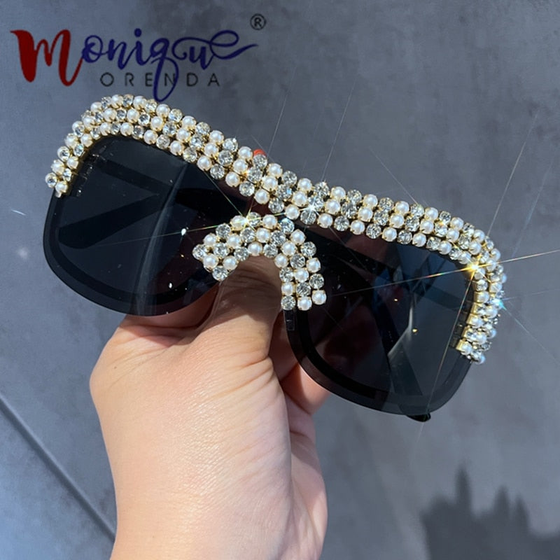 Luxury Oversized Y2k Sunglasses Women Metal Rimless Vintage Silver Sun Glasses Big Rhinestone Feamle Shades