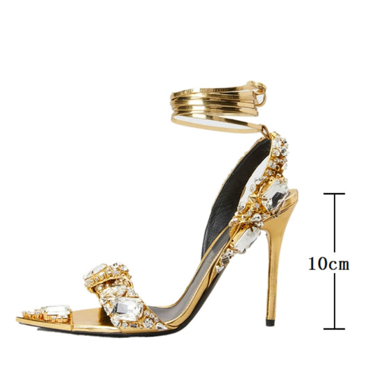 Metallic Crystal Ankle-Tie Sandals Women Lace up Rhinestones Luxury Design High Heels 2022 Spring New Runway Sandals Shoes