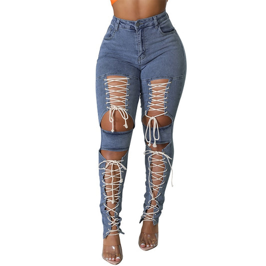 Jeans Hollow Out Bottoms Eyelet Lace Up Women Denim Pants