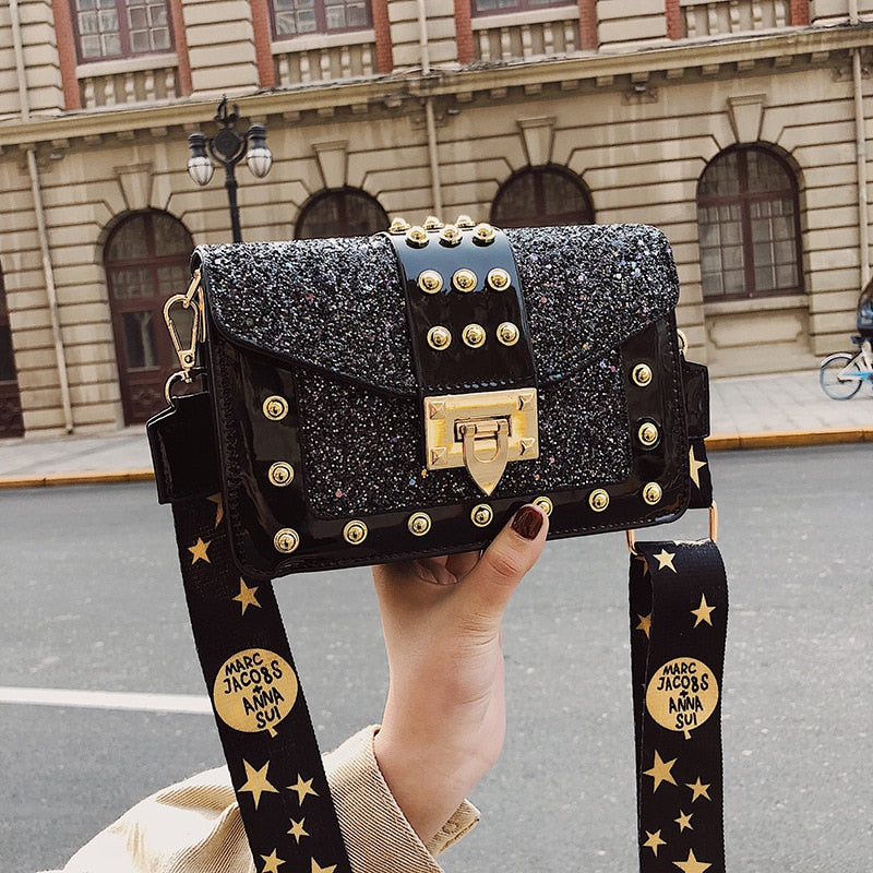 Fashion Crossbody Bags for Women Rivet Patent Leather Wide Shoulder Bag Woman Trend Sequin Multi-layer Small Square Female Bag