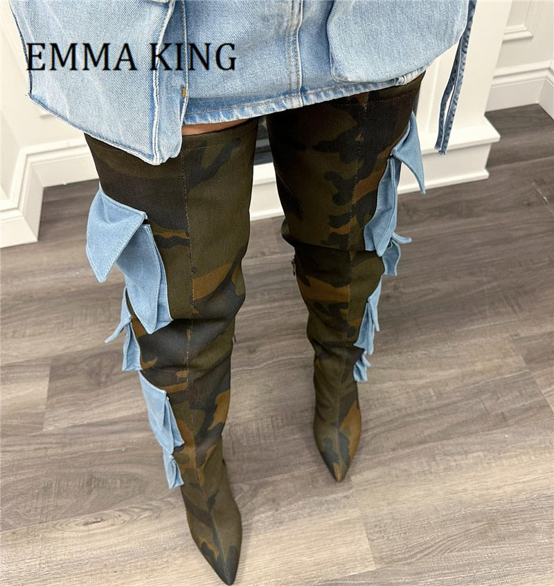Camouflage Over The Knee High Boots Female Pocket Square Heels Tall Boots
