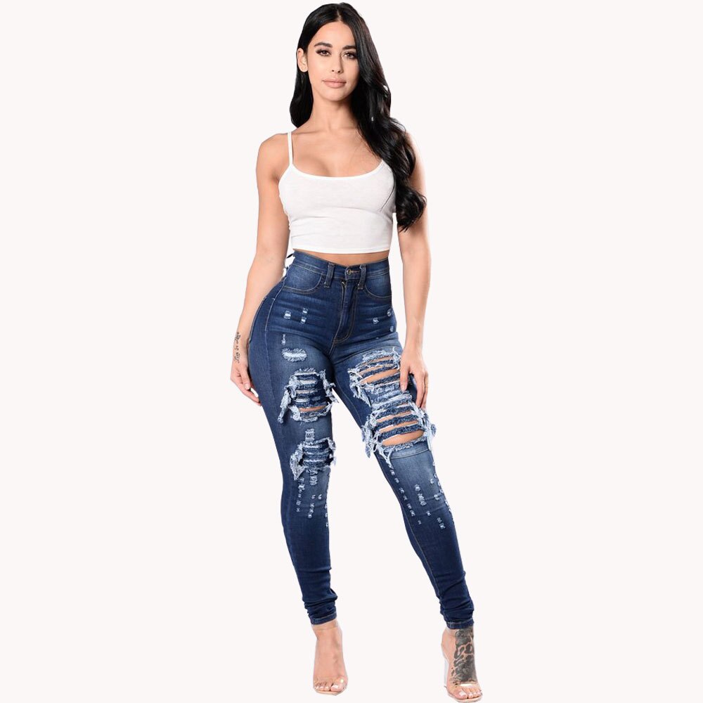 Women's High Waist Ripped Jeans Fashion Elastic Slim Hip Lift Denim Pencil Pants Casual Female Trousers S-3XL