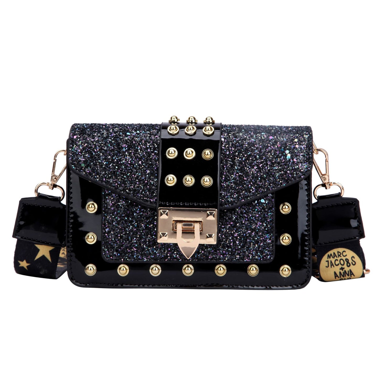 Fashion Crossbody Bags for Women Rivet Patent Leather Wide Shoulder Bag Woman Trend Sequin Multi-layer Small Square Female Bag