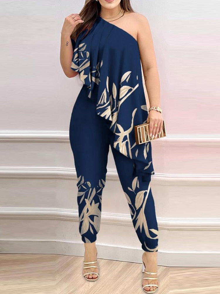 Women Print One Shoulder Asymmetrical Ruffles Party Jumpsuit