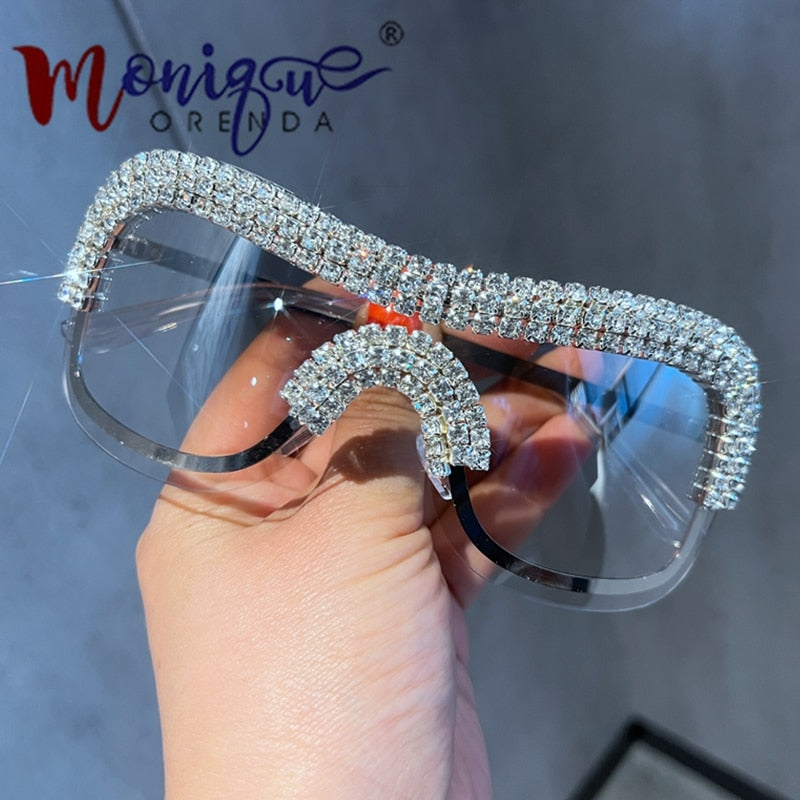 Luxury Oversized Y2k Sunglasses Women Metal Rimless Vintage Silver Sun Glasses Big Rhinestone Feamle Shades