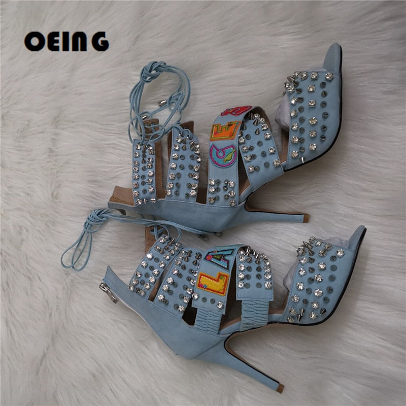 Denim Crystals Spikes Sandals Back Zipper Laces Gladiator Sandals Handmade Letter Patches Designed Shoes For Women
