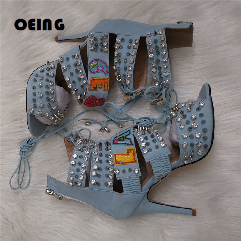 Denim Crystals Spikes Sandals Back Zipper Laces Gladiator Sandals Handmade Letter Patches Designed Shoes For Women
